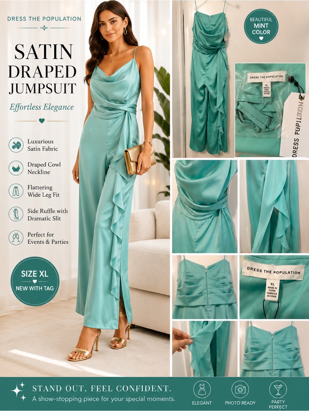 Dress the Population Satin Draped Jumpsuit in Mint